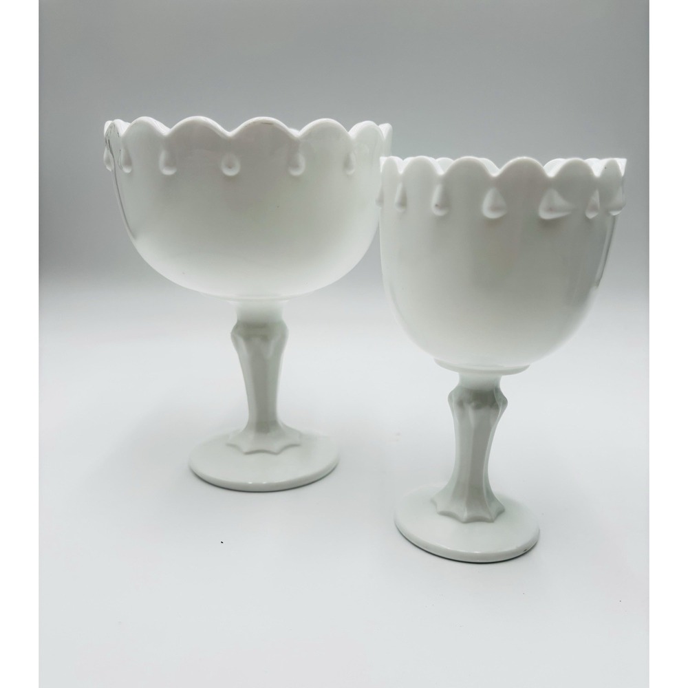 Westmoreland Milk Glass Teardrop Scallop Goblets Set of 2 White Vintage Glass